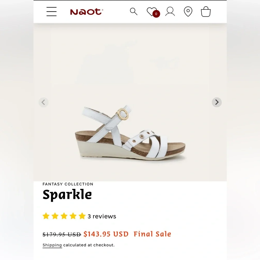 NAOT Sparkle White Leather Wedge Sandal Sz 38 EU/ 7 US